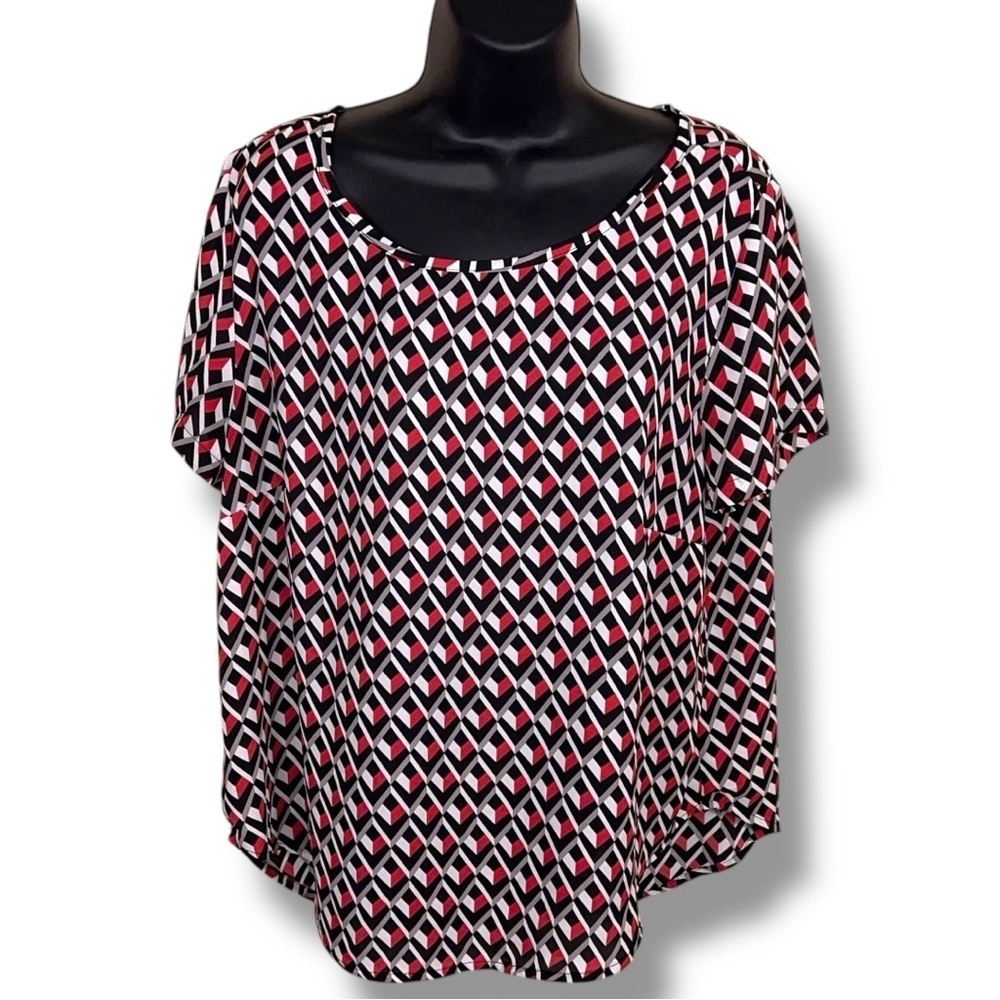 Petite XL Simply Styled Geometric Print Blouse Short Sleeve Red Black White